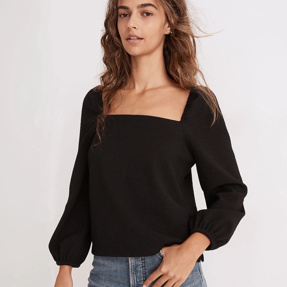 Crepe Square-Neck Puff-Sleeve Top